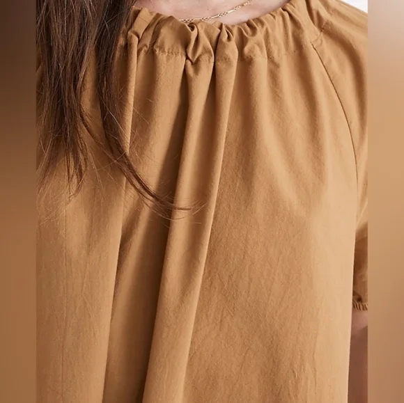 Madewell Poplin Puff Sleeve Mini Dress Size Small Tie Neck Pockets Neutral Toffe - Picture 3 of 13